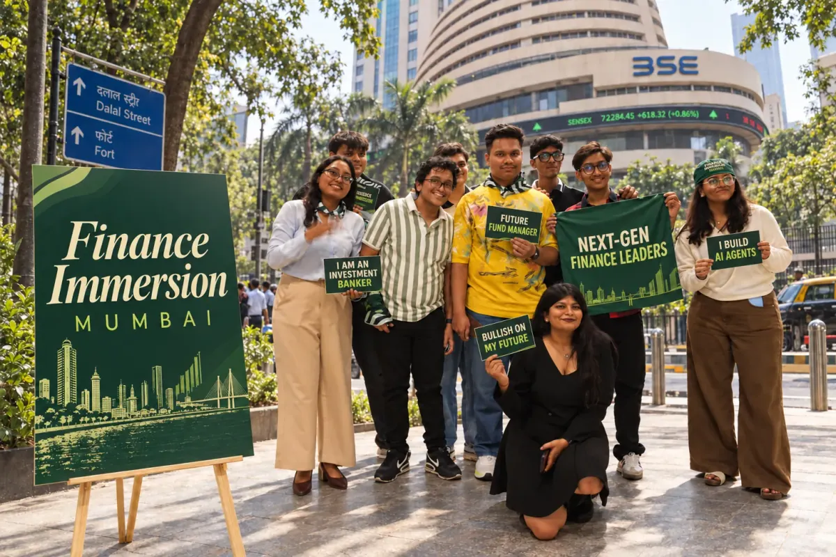 AI-edited cohort illustration outside the BSE building in Mumbai