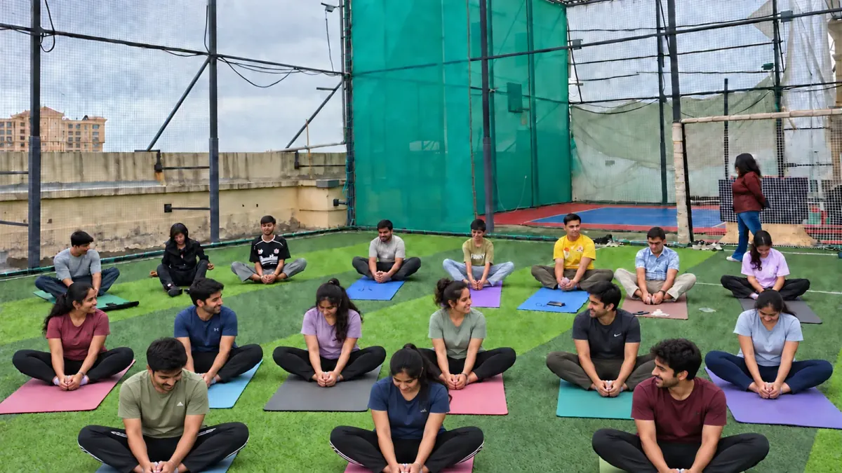 Campus yoga group with three additional participants in the foreground; AI-edited photograph