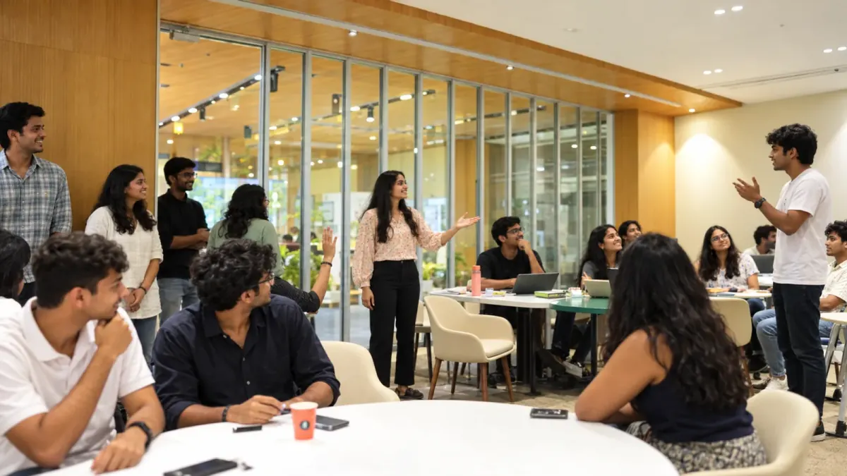 Students exchanging ideas; AI-edited illustrative photograph