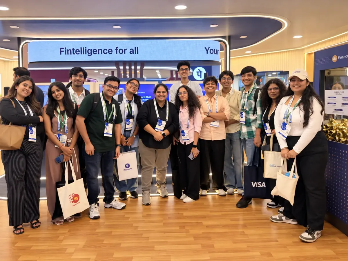 Students visiting a fintech exhibition; retouched event photo