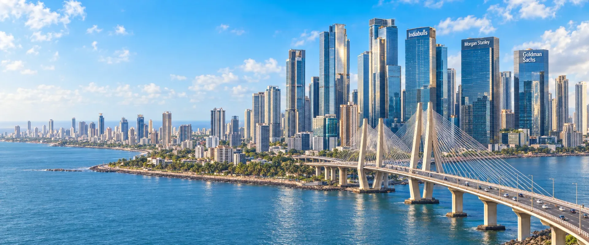 Illustrative AI-edited Mumbai skyline with a Sea Link-inspired bridge and imagined towers bearing Indiabulls, Morgan Stanley and Goldman Sachs names; not actual office locations or affiliations