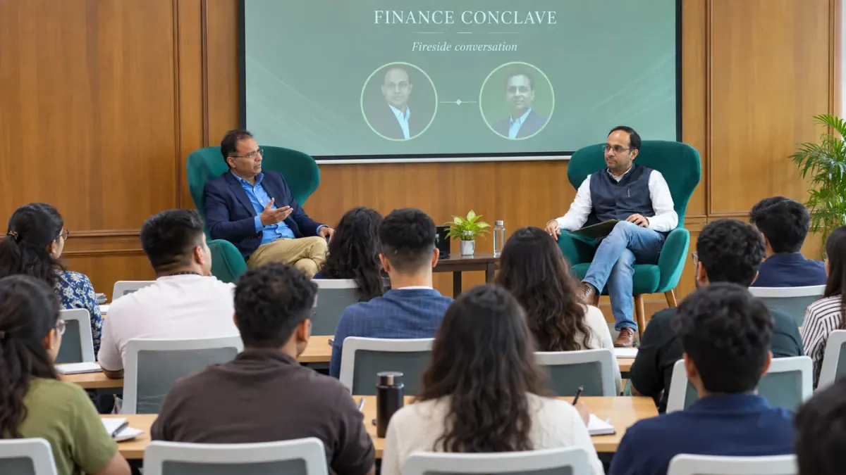 Finance fireside discussion with an audience; AI-edited illustrative photograph