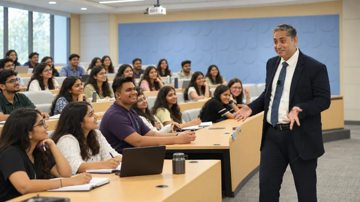 AI-edited classroom scene with a finance professor and additional students