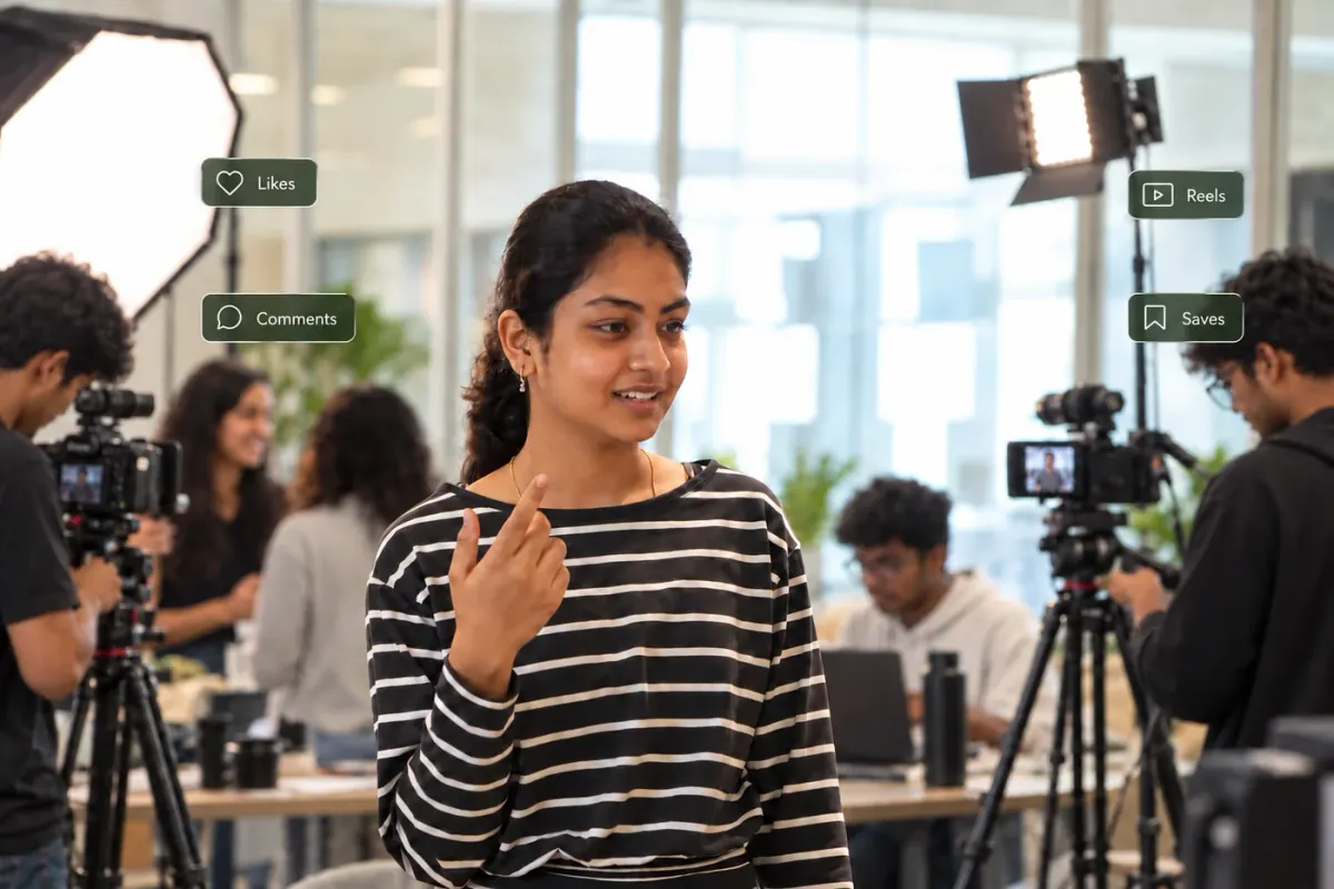 AI-edited content creator workshop with a student presenter, cameras and studio lighting