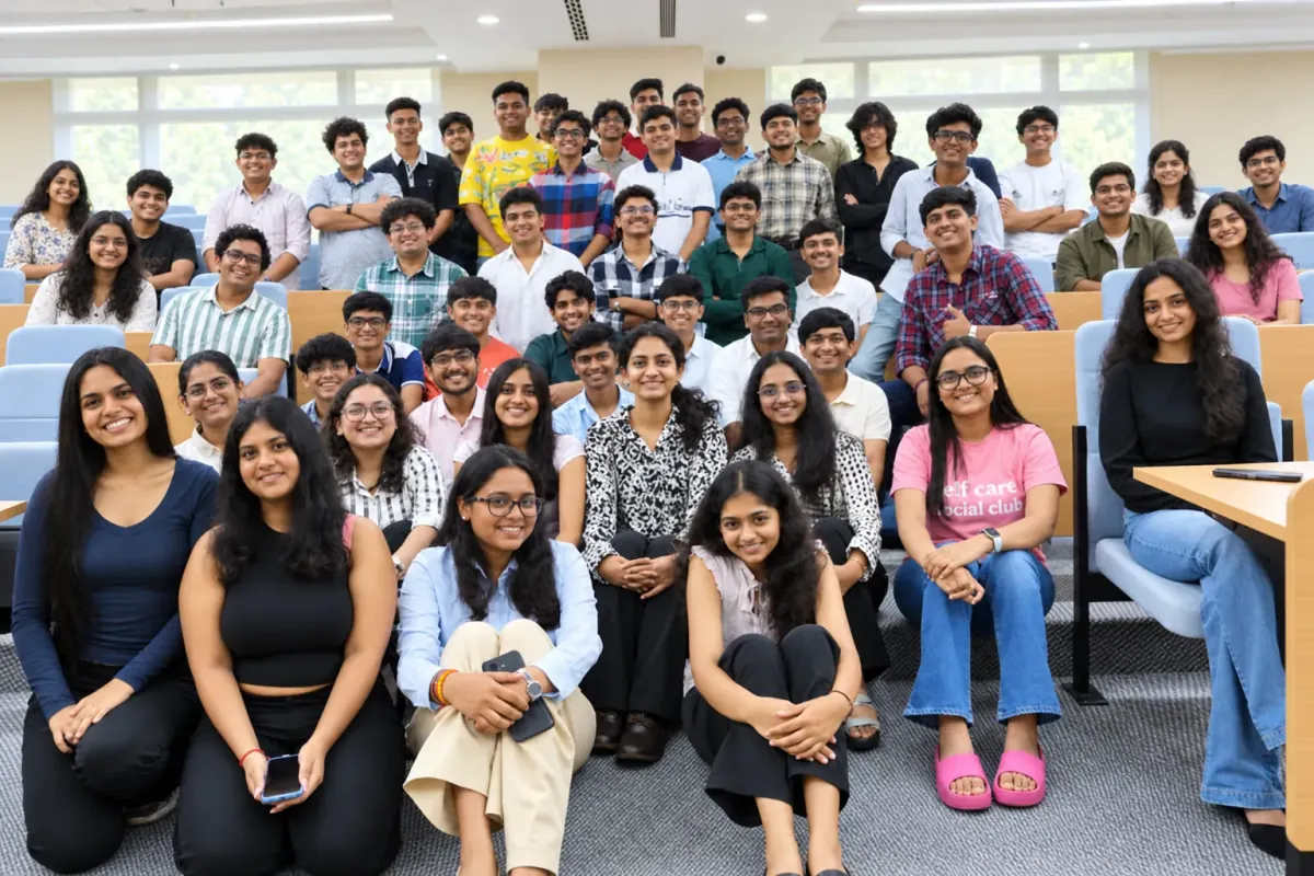 Smiling classroom cohort with added attendees; AI-edited photograph